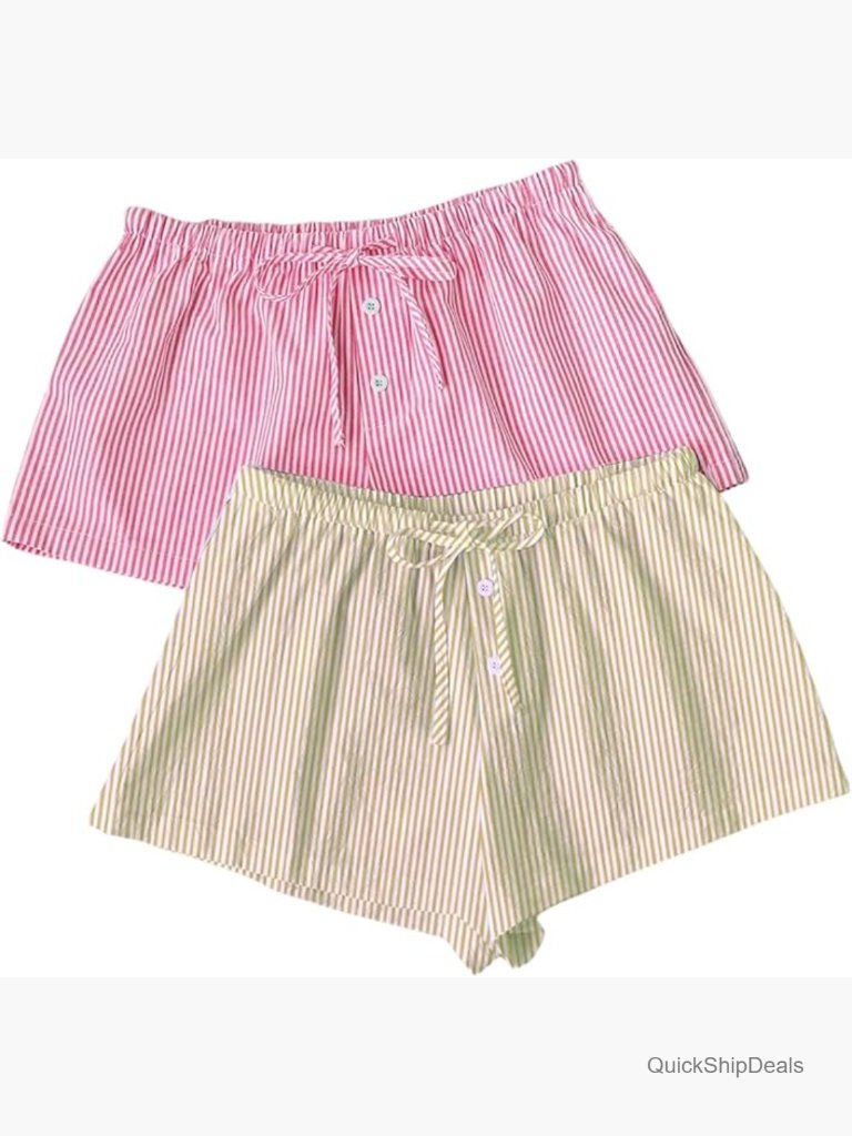 2 Pack Linen Pajama Boxer Shorts Striped Gingham Summer Beach Sleep Shorts